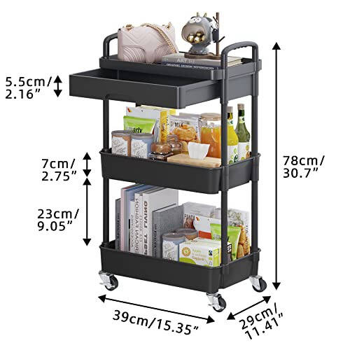 Calmootey 3-Tier Rolling Utility Cart with Drawer, Multifunctional Storage Organizer with Plastic Shelf & Metal Wheels, Storage Cart for Kitchen, Bathroom, Living Room, Office, Black - 5