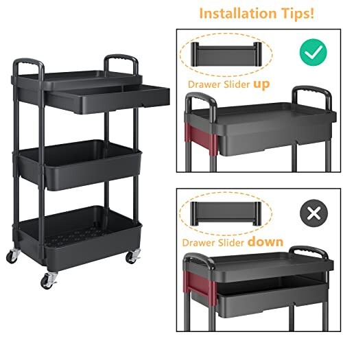 Calmootey 3-Tier Rolling Utility Cart with Drawer, Multifunctional Storage Organizer with Plastic Shelf & Metal Wheels, Storage Cart for Kitchen, Bathroom, Living Room, Office, Black - 6