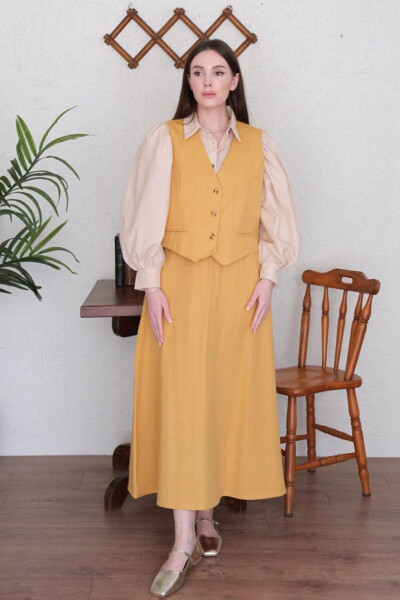 Camel Linen Look Vest & Skirt Set - 1