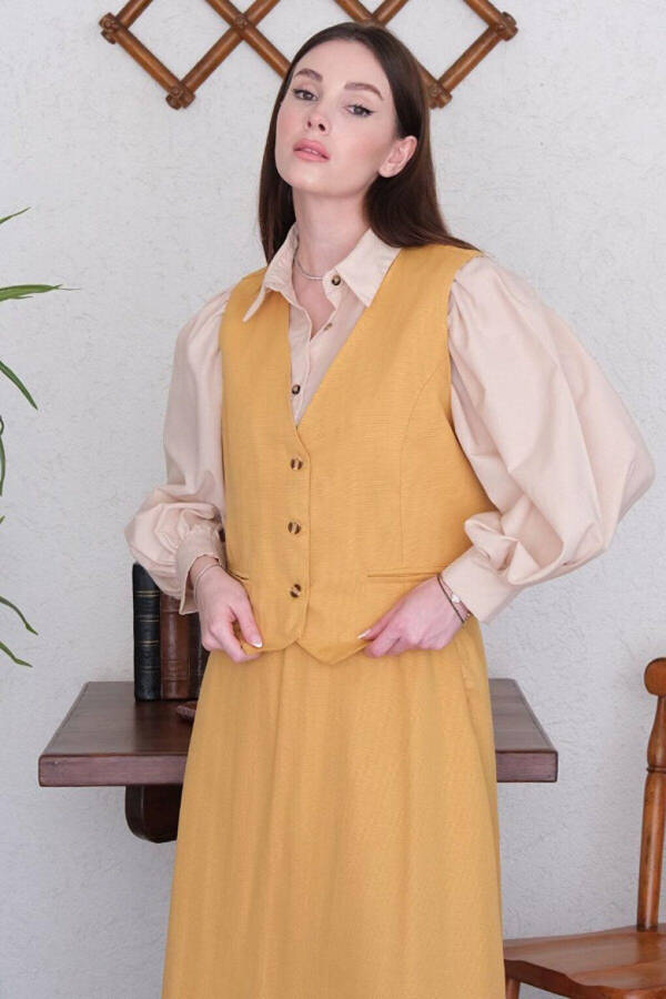 Camel Linen Look Vest & Skirt Set - 4