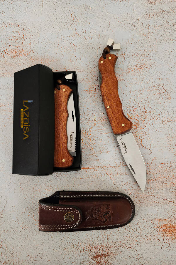 Camping Outdoor Picnic Knife Blade Leather Sheathed Natural Wood Handle Kitchen Knife Knife ( ÇKX03 ) - 9