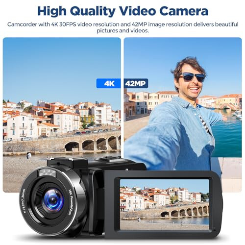 CAMWORLD Video Camera Camcorder 4K 42MP YouTube Vlogging Camera 18X Digital Zoom 3” 270° Rotation Screen vlog Camera with Microphone, Remote Control, 2 Batteries, Lens Hood, 32G SD Card - 2