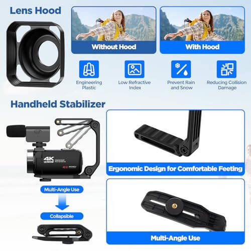 CAMWORLD Video Camera Camcorder 4K 42MP YouTube Vlogging Camera 18X Digital Zoom 3” 270° Rotation Screen vlog Camera with Microphone, Remote Control, 2 Batteries, Lens Hood, 32G SD Card - 6