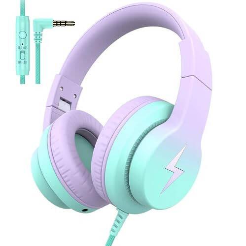 Candy Bila Kids Headphones, Wired Headphones for Kids Over Ear with Microphone, 85/94dB Volume Limiter Headphones for Girls Boys, Foldable Headphones for Learning & Entertainment, Gradient Purple - 1