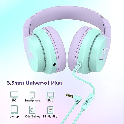 Candy Bila Kids Headphones, Wired Headphones for Kids Over Ear with Microphone, 85/94dB Volume Limiter Headphones for Girls Boys, Foldable Headphones for Learning & Entertainment, Gradient Purple - 4