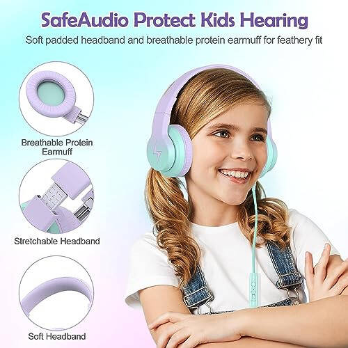 Candy Bila Kids Headphones, Wired Headphones for Kids Over Ear with Microphone, 85/94dB Volume Limiter Headphones for Girls Boys, Foldable Headphones for Learning & Entertainment, Gradient Purple - 9