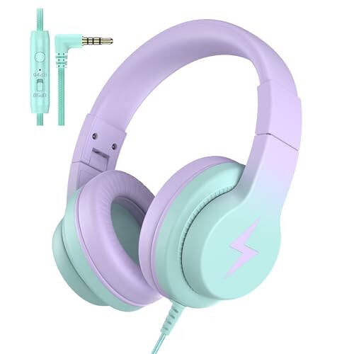 Candy Bila Kids Headphones, Wired Headphones for Kids Over Ear with Microphone, 85/94dB Volume Limiter Headphones for Girls Boys, Foldable Headphones for Learning & Entertainment, Gradient Purple - 5