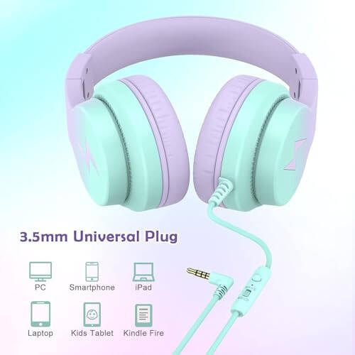 Candy Bila Kids Headphones, Wired Headphones for Kids Over Ear with Microphone, 85/94dB Volume Limiter Headphones for Girls Boys, Foldable Headphones for Learning & Entertainment, Gradient Purple - 6