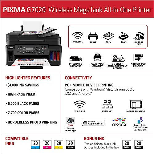 Canon G7020 All-in-One Printer Home Office | Wireless Supertank (Megatank) Printer | Copier | Scan, | Fax and ADF with Mobile Printing, Black, Works with Alexa - 7