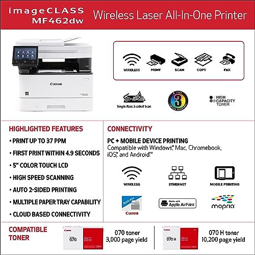 Canon imageCLASS MF462dw All in One Wireless Monochrome Laser Printer, Print, Scan, Copy & Fax, Duplex Printing for Home or Office use - 8