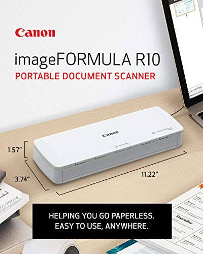 Canon imageFORMULA R10 Ko'chma hujjat skaner, 20 varaqlik to'yimchi bilan ikki tomonlama skanerlash, Uy yoki ofis uchun oson sozlash, Dasturiy ta'minot bilan birga, (4861C001) - 2