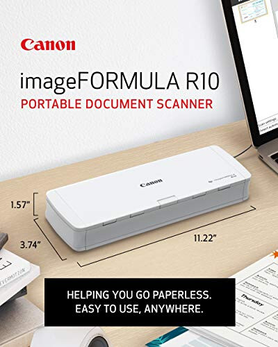 Canon imageFORMULA R10 Portable Document Scanner, 2-Sided Scanning with 20 Page Feeder, Easy Setup for Home or Office, Includes Software, (4861C001) - 2