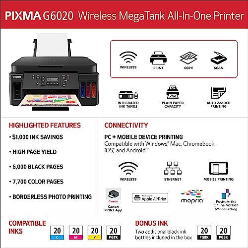 Canon PIXMA G6020 All-in-One Supertank Wireless (Megatank) Printer, Copier and Scanner with Mobile Printing, Black, Works with Alexa - 7