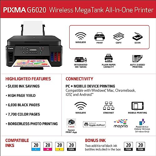 Canon PIXMA G6020 All-in-One Supertank Wireless (Megatank) Printer, Copier and Scanner with Mobile Printing, Black, Works with Alexa - 6