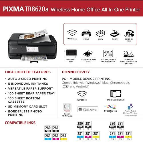 Canon PIXMA TR8620a - All-in-One Printer Home Office|Copier|Scanner|Fax|Auto Document Feeder | Photo, Document | Airprint (R), Android, Black, Works with Alexa - 6