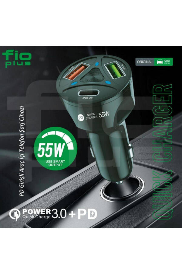 Car Charger with 2 USB + 20w PD Charging Output, Fast Charging Support 55w - 3