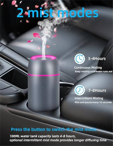 Car Diffuser Humidifier for Essential Oils Portable Mini Ultrasonic Mist Aromatherapy Diffuser 100ml USB Diffuser Freshener for Vehicle Home Office Bedroom (Grey) - 2