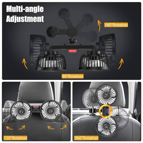 Car Fan for Backseat, USB Powered Dual Head Car Seat Fan for Car, 3 Speeds & 360° Rotatable Car Window Fan, Powerful Air Circulation Car Seat Fan with Adjustable Holder for All Cars - 3