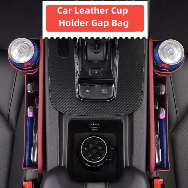 Car Leather Cup Holder Gap Bag, Car Seat Gap Filler Organizer, Car Seat Storage Box with Water Cup Holder, Car Gap Bag for Phones Keys Cards (1 Pair, Red) - 2