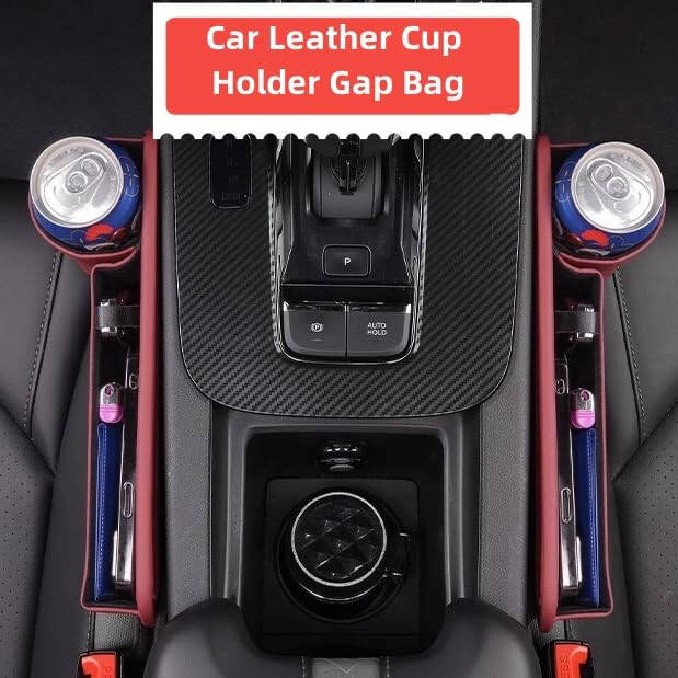 Car Leather Cup Holder Gap Bag, Car Seat Gap Filler Organizer, Car Seat Storage Box with Water Cup Holder, Car Gap Bag for Phones Keys Cards (1 Pair, Red) - 2