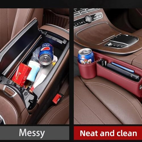 Car Leather Cup Holder Gap Bag, Car Seat Gap Filler Organizer, Car Seat Storage Box with Water Cup Holder, Car Gap Bag for Phones Keys Cards (1 Pair, Red) - 5