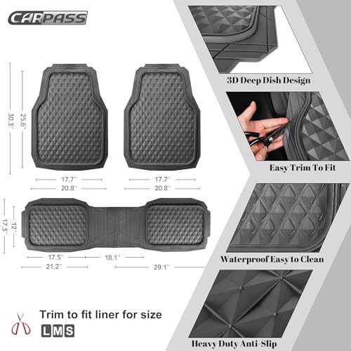 CAR PASS Heavy Duty Charcoal Gray Rubber Car Floor Mats Universal Fit, Deep Dish All-Weather Floor Mat for Car, Waterproof Durable Anti-Slip Trim to Fit for SUV Truck Sedan, 3 Piece Full Set Dark Gray - 4