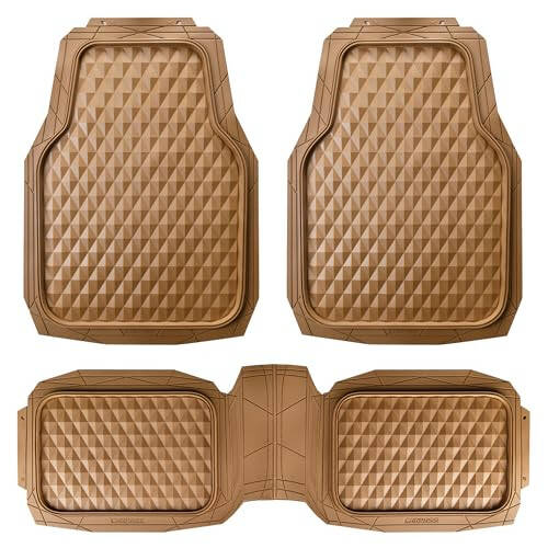 CAR PASS Heavy Duty Rubber Car Mats, Deep Dish All-Weather Floor Mat for Car Full Set Durable Anti-Slip 3D Rhombus Waterproof Trim to Fit Liner Universal Fit Automotive, Sedan, SUV, Truck, 3 Piece Beige - 1