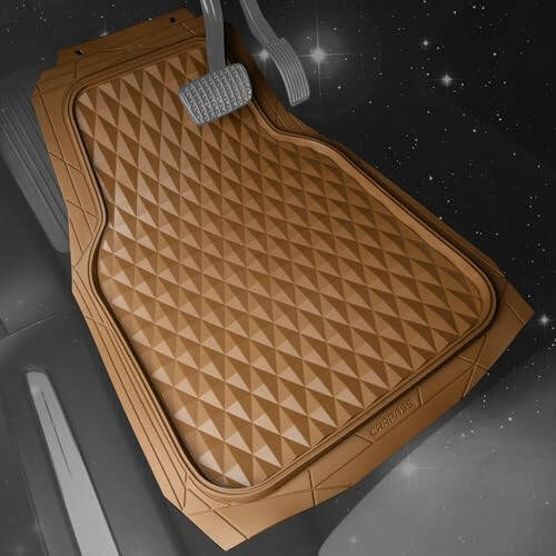 CAR PASS Heavy Duty Rubber Car Mats, Deep Dish All-Weather Floor Mat for Car Full Set Durable Anti-Slip 3D Rhombus Waterproof Trim to Fit Liner Universal Fit Automotive, Sedan, SUV, Truck, 3 Piece Beige - 2