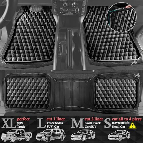 CAR PASS Heavy Duty Rubber Car Mats, Deep Dish All-Weather Floor Mat for Car Full Set Durable Anti-Slip 3D Rhombus Waterproof Trim to Fit Liner Universal Fit Automotive,Sedan,SUV,Truck, 3 Piece Black - 2