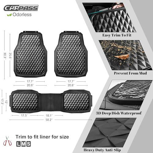 CAR PASS Heavy Duty Rubber Car Mats, Deep Dish All-Weather Floor Mat for Car Full Set Durable Anti-Slip 3D Rhombus Waterproof Trim to Fit Liner Universal Fit Automotive,Sedan,SUV,Truck, 3 Piece Black - 4