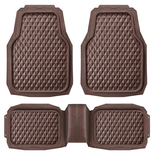 CAR PASS Heavy Duty Rubber Car Mats, Deep Dish All-Weather Floor Mat for Car Full Set Durable Anti-Slip 3D Rhombus Waterproof Trim to Fit Liner Universal Fit Automotive,Sedan,SUV,Truck, 3 Piece Brown - 1