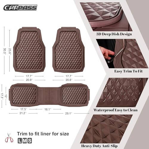 CAR PASS Heavy Duty Rubber Car Mats, Deep Dish All-Weather Floor Mat for Car Full Set Durable Anti-Slip 3D Rhombus Waterproof Trim to Fit Liner Universal Fit Automotive,Sedan,SUV,Truck, 3 Piece Brown - 4