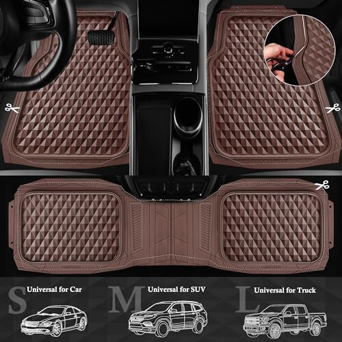 CAR PASS Heavy Duty Rubber Car Mats, Deep Dish All-Weather Floor Mat for Car Full Set Durable Anti-Slip 3D Rhombus Waterproof Trim to Fit Liner Universal Fit Automotive,Sedan,SUV,Truck, 3 Piece Brown - 5