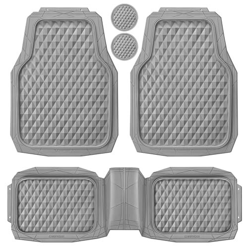 CAR PASS Heavy Duty Rubber Car Mats, Gray Deep Dish All-Weather Car Floor Mat Full Set Durable Anti-Slip 3D Rhombus Waterproof Trim Fit Liner Universal Fit Automotive, Sedan, SUV, Truck, 3 Pcs Light Gray - 1