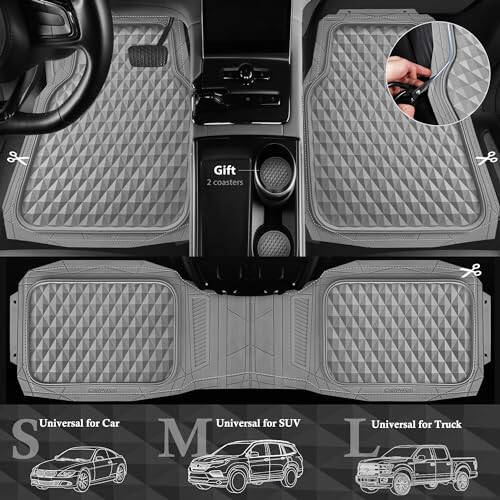 CAR PASS Heavy Duty Rubber Car Mats, Gray Deep Dish All-Weather Car Floor Mat Full Set Durable Anti-Slip 3D Rhombus Waterproof Trim Fit Liner Universal Fit Automotive, Sedan, SUV, Truck, 3 Pcs Light Gray - 3