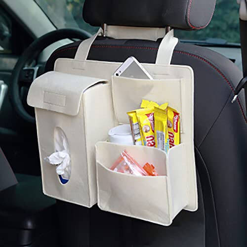 Car Seat Back Organizer, Car Rear Seat Hanging Bag Multifunction Storage Organizer Hook and Loop Fasteners (Beige) - 1