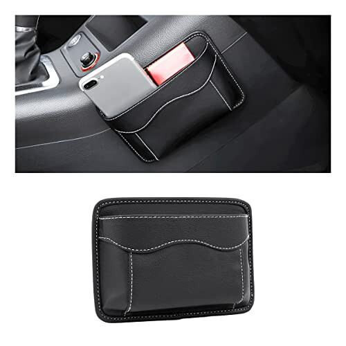 Car Seat Side Pocket Organizer, PU Leather Mini Storage Bag for Auto Door Window Console, Pen Phone Holder Tray Pouch Vehicle Seat Gap Filler for Organize Document, Registration, Notepad (Black) - 1