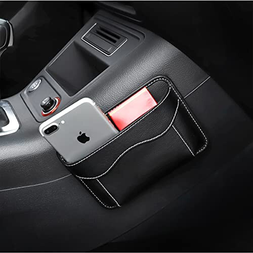 Car Seat Side Pocket Organizer, PU Leather Mini Storage Bag for Auto Door Window Console, Pen Phone Holder Tray Pouch Vehicle Seat Gap Filler for Organize Document, Registration, Notepad (Black) - 6