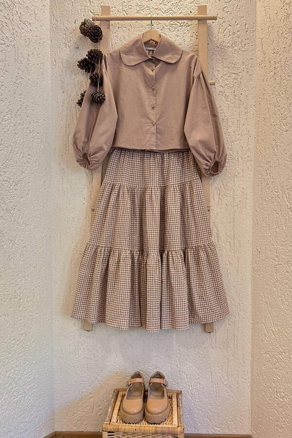 Caramel Baby Collar Crop Shirt & Brown Plaid Layered Skirt Set - 1