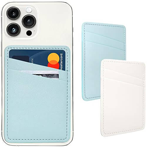 Card Holder for Phone Case, Phone Card Holder Leather, Dual Pocket Phone Wallet Stick On for iPhone, Android Cell Phone - White Blue - 1