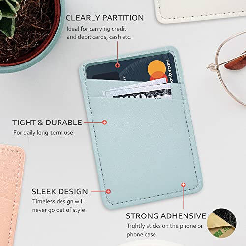 Card Holder for Phone Case, Phone Card Holder Leather, Dual Pocket Phone Wallet Stick On for iPhone, Android Cell Phone - White Blue - 4