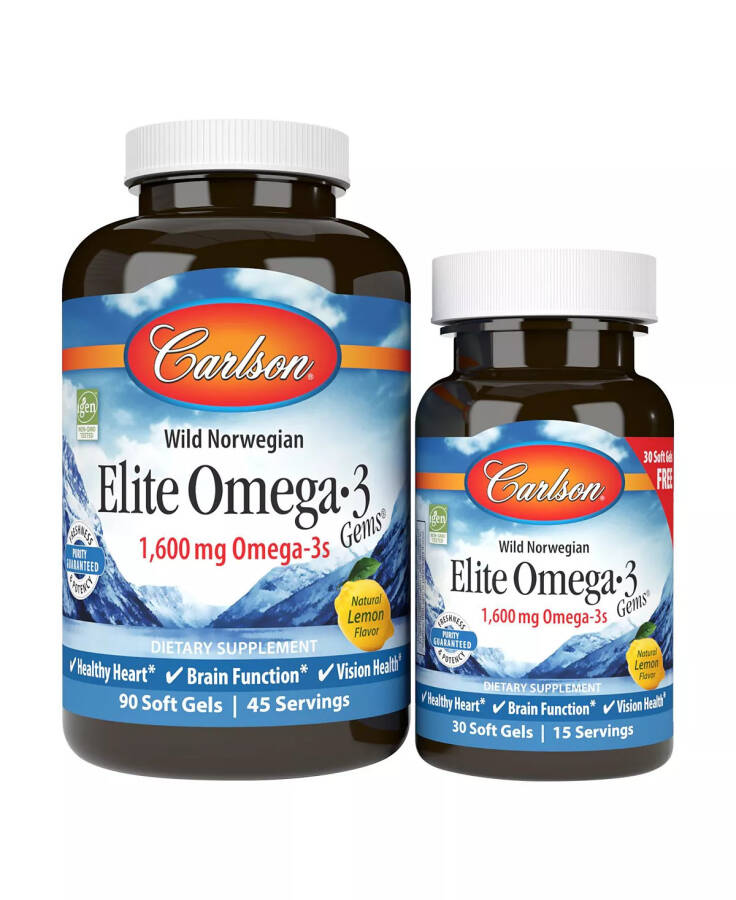 Carlson - Elite Omega-3 marvaridlari, 1600 mg Omega-3, Norvegiya, Yovvoyi tutish, Barqaror manba, Limon, Bonus shisha, 90 + 30 Yumshoq kapsulalar Rangsiz - 1