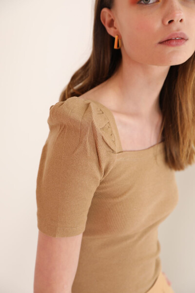 Cashmere Fabric Square Neck Watermelon Sleeve Women's Blouse - Beige - 3