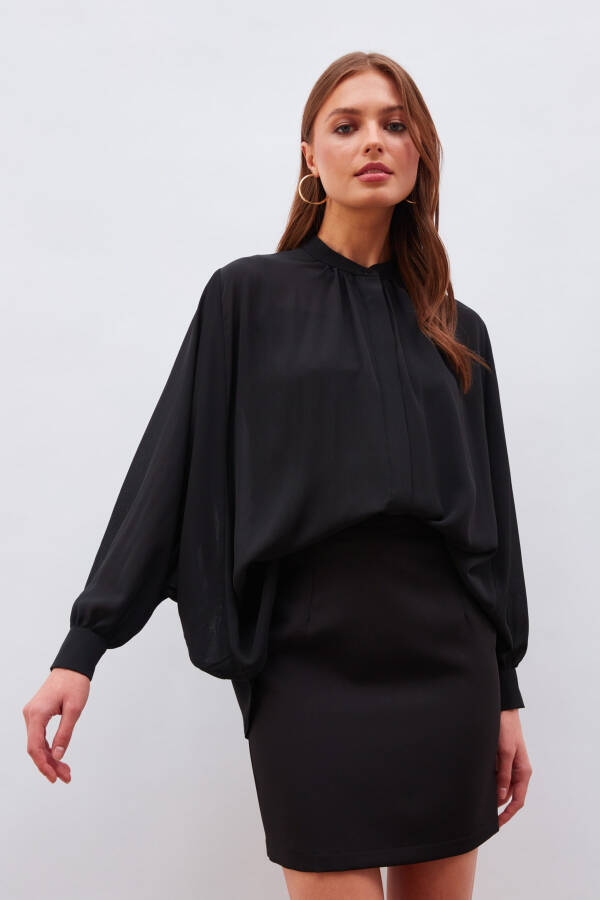 Casual Button-Down Shirt with Mandarin Collar - Black - 9