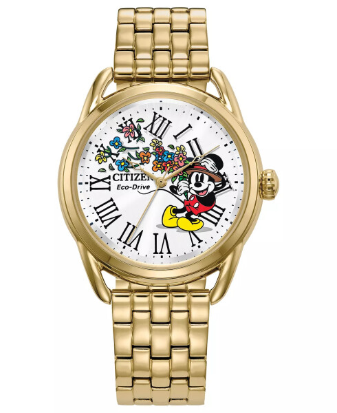 Часы женские Eco-Drive Mickey Mouse с золотистым браслетом из нержавеющей стали 36 мм золотистого цвета - 1