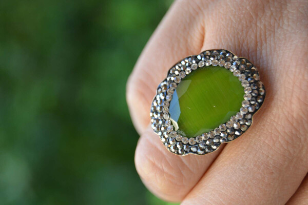 Cat's Eye Pistachio Green Adjustable Women's Ring Jewelry Handcrafted Domestic Production - 1