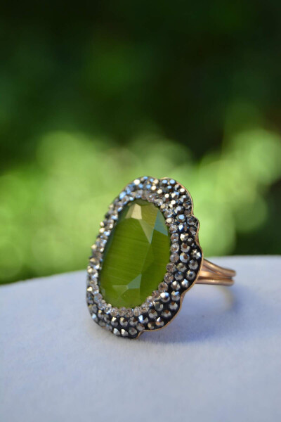 Cat's Eye Pistachio Green Adjustable Women's Ring Jewelry Handcrafted Domestic Production - 2