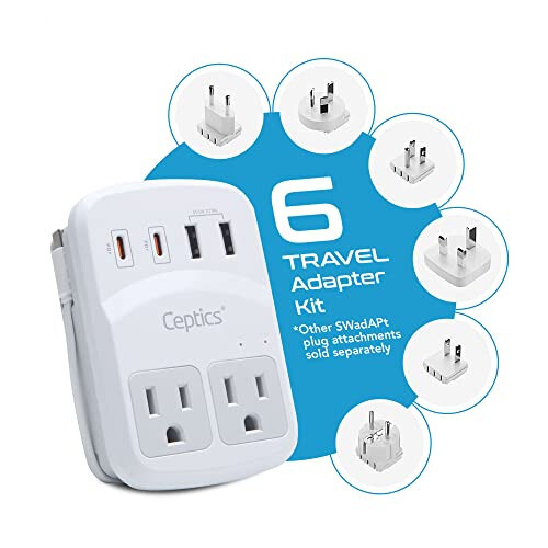 Ceptics Dünya Seyahat Adaptör Seti 2 USB-A, USB-C ABD Prizleri, 20W/QC 18W Güç Dağıtımı, Akım Koruma, SWADAPT Avrupa, İngiltere, Çin, Avustralya, Japonya İçin Uyumlu, Mükemmel Dizüstü Bilgisayar (WPS-5B) - 2