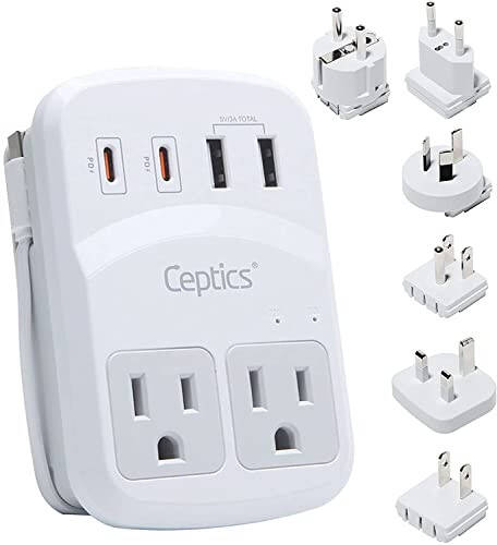 Ceptics World Travel Adapter Kit 2 USB-A, USB-C US Outlets, 20W/QC 18W Power Delivery, Surge Protection, SWADAPT Compatible for Europe, UK, China, Australia, Japan Perfect Laptop (WPS-5B) - 1