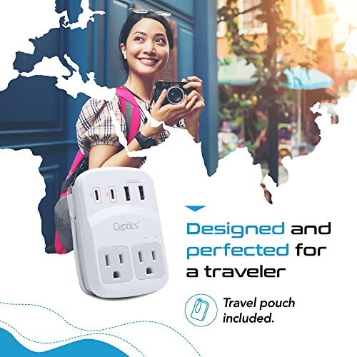 Ceptics World Travel Adapter Kit 2 USB-A, USB-C US Outlets, 20W/QC 18W Power Delivery, Surge Protection, SWADAPT Compatible for Europe, UK, China, Australia, Japan Perfect Laptop (WPS-5B) - 4